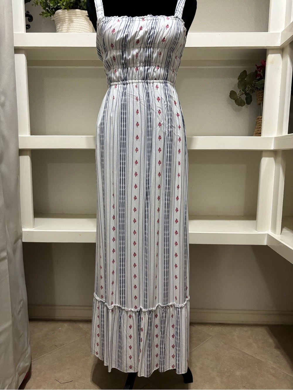 Classic White Stripe & Floral Maxi Dress